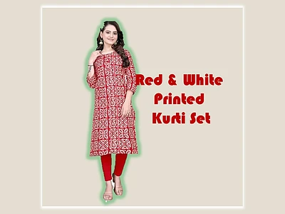 Red and White Printed Kurti Set